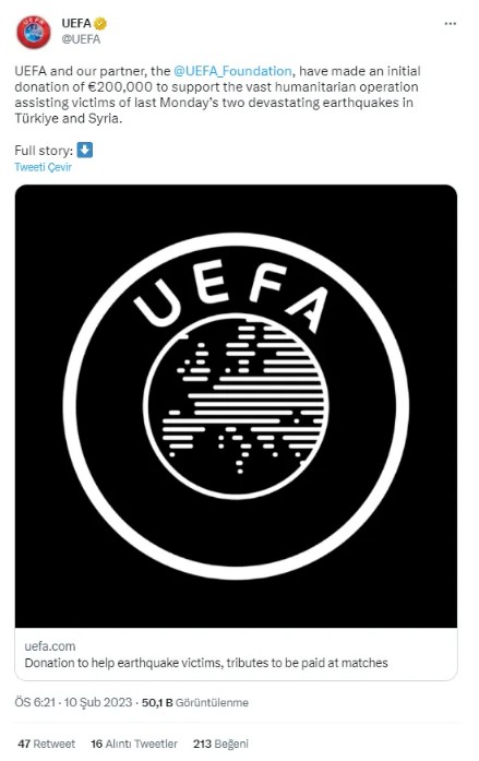 UEFA'dan Türkiye'ye 200 bin Euro deprem yardımı